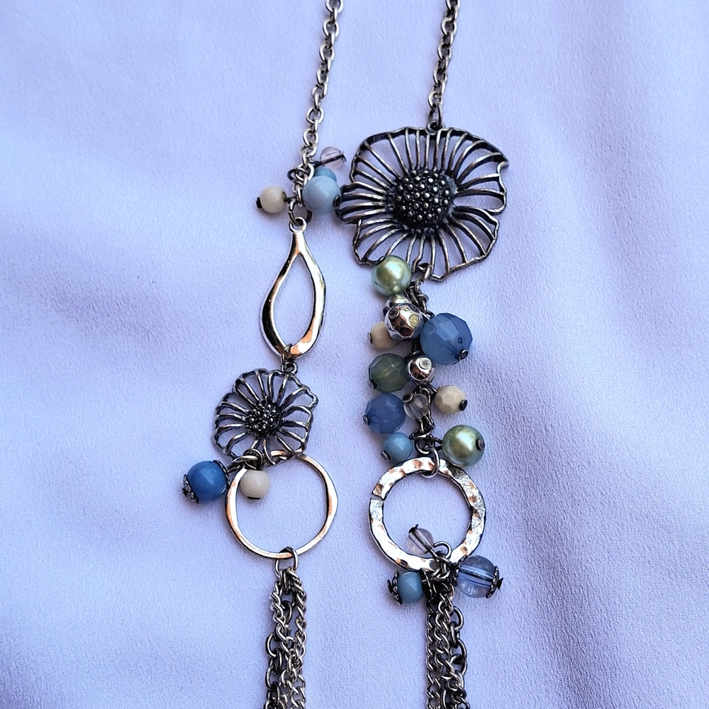 Vintage Floral Silver Toned Long Necklace with Blue & Green Bead Accents